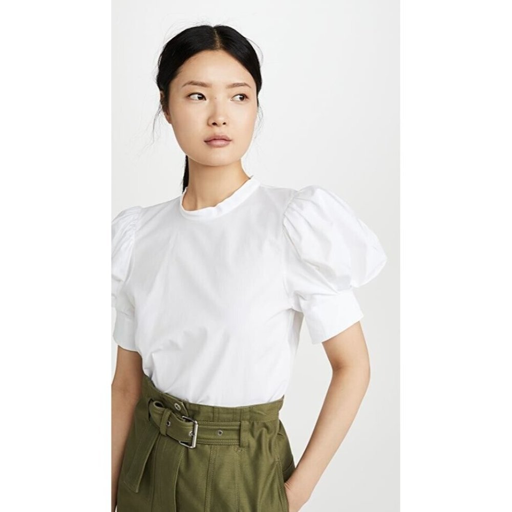 Bassike Women's Short Balloon Sleeve Blouse in White 0/XS Career Top Australia